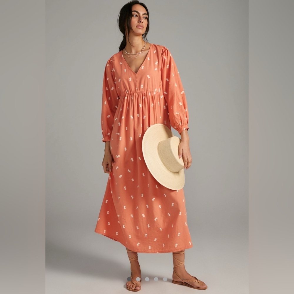 Anthropologie Bobo Choses Loose Fit Vee Neck Floral Midi Dress 3/4 sleeve SZ L